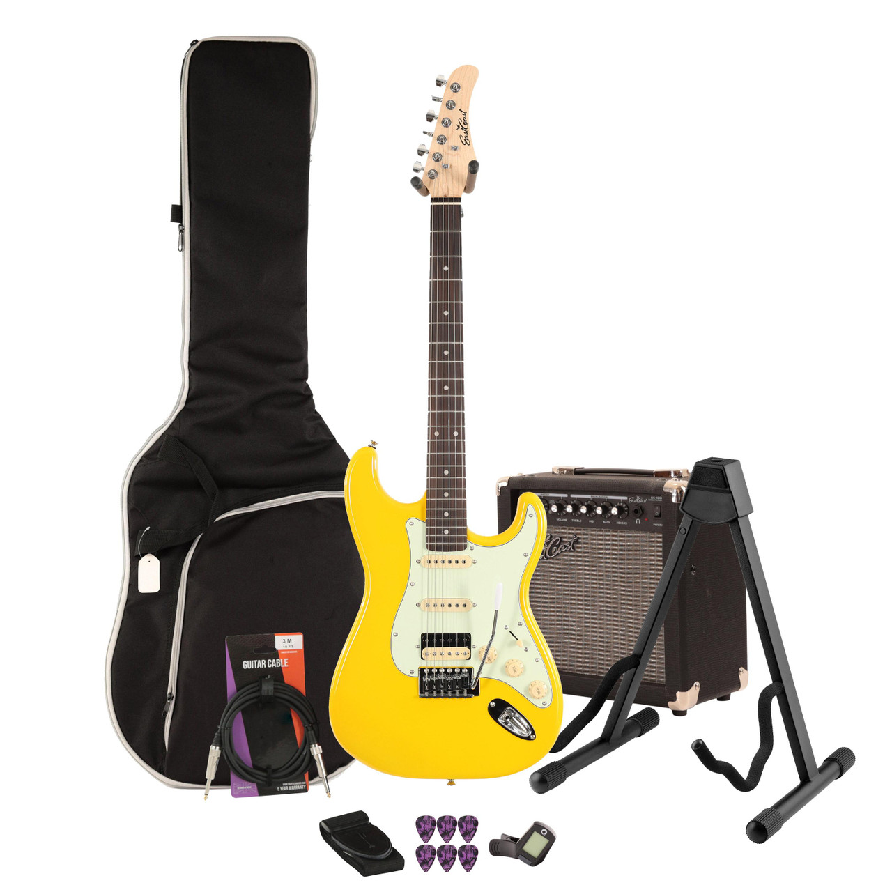 Eastcoast ST2 HSS Taxi Yellow Electric Guitar 15W Amp Bundle Eastcoast ST2 HSS Taxi Yellow Electric Guitar 15W Amp Bundle
