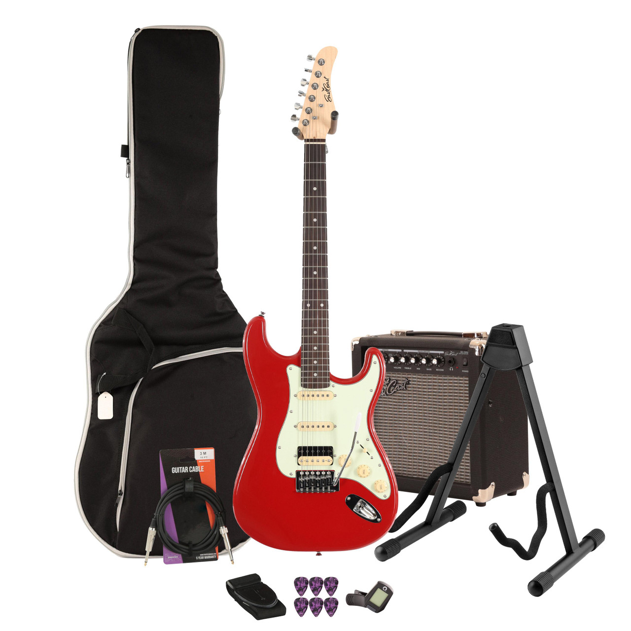 Eastcoast ST2 HSS Hot Rod Red Electric Guitar 15W Amp Bundle Eastcoast ST2 HSS Hot Rod Red Electric Guitar 15W Amp Bundle