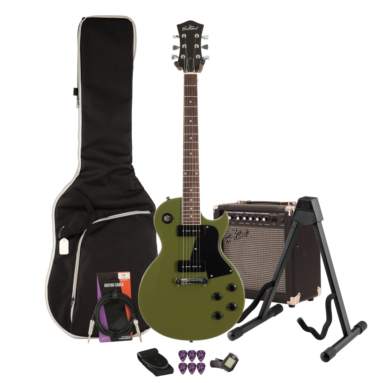 Eastcoast LS Drab Olive Green Electric Guitar 15W Amp Bundle Eastcoast LS Drab Olive Green Electric Guitar 15W Amp Bundle