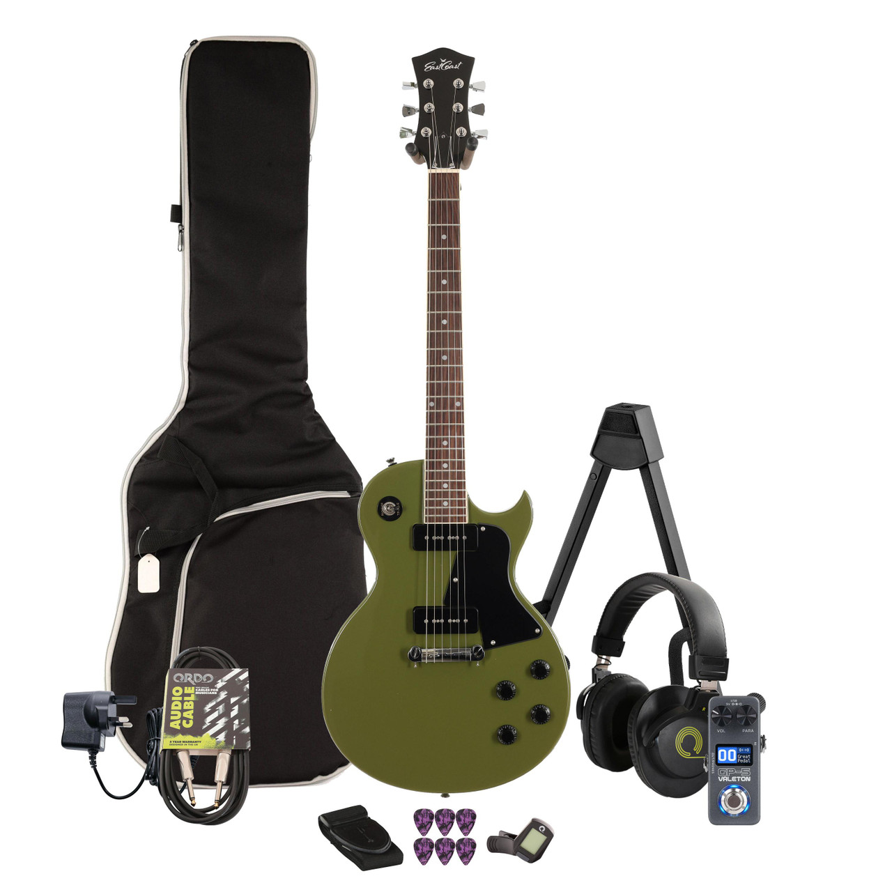 Eastcoast LS Drab Olive Green Electric Guitar Multi-FX & Modelling Bundle with Accessories Eastcoast LS Drab Olive Green Electric Guitar Multi-FX & Modelling Bundle with Accessories