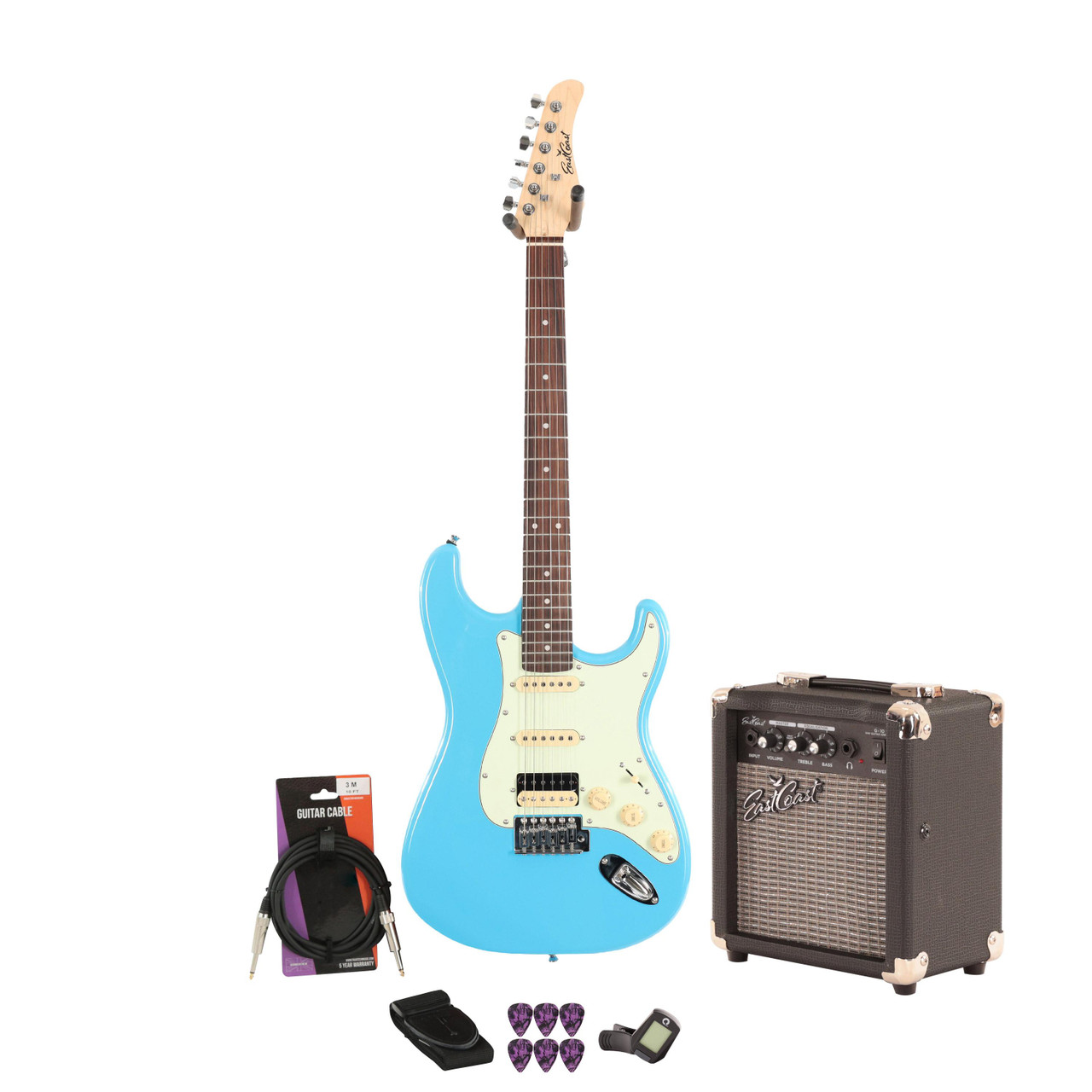 Eastcoast ST2 Miami Blue 10w Amp Guitar Bundle Eastcoast ST2 Miami Blue 10w Amp Guitar Bundle