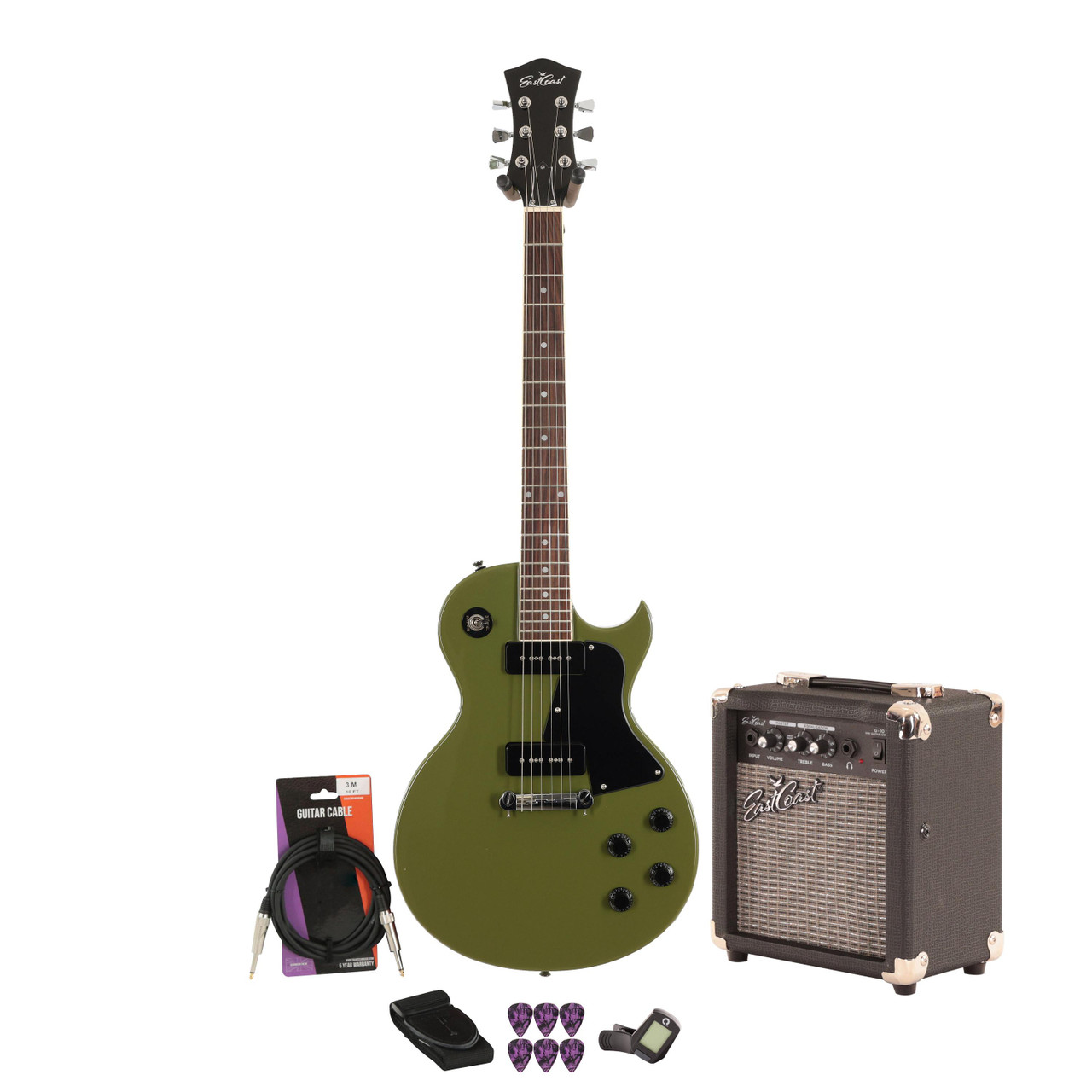 Eastcoast LS Drab Olive Green  Electric Guitar 10W Amp Guitar Bundle