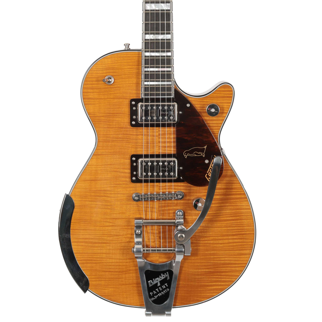 Second Hand Gretsch G6134TFM-NH Nigel Hendroff Signature Electric Guitar In Penguin Amber Flame 026 Second Hand Gretsch G6134TFM-NH Nigel Hendroff Signature Electric Guitar In Penguin Amber Flame 026