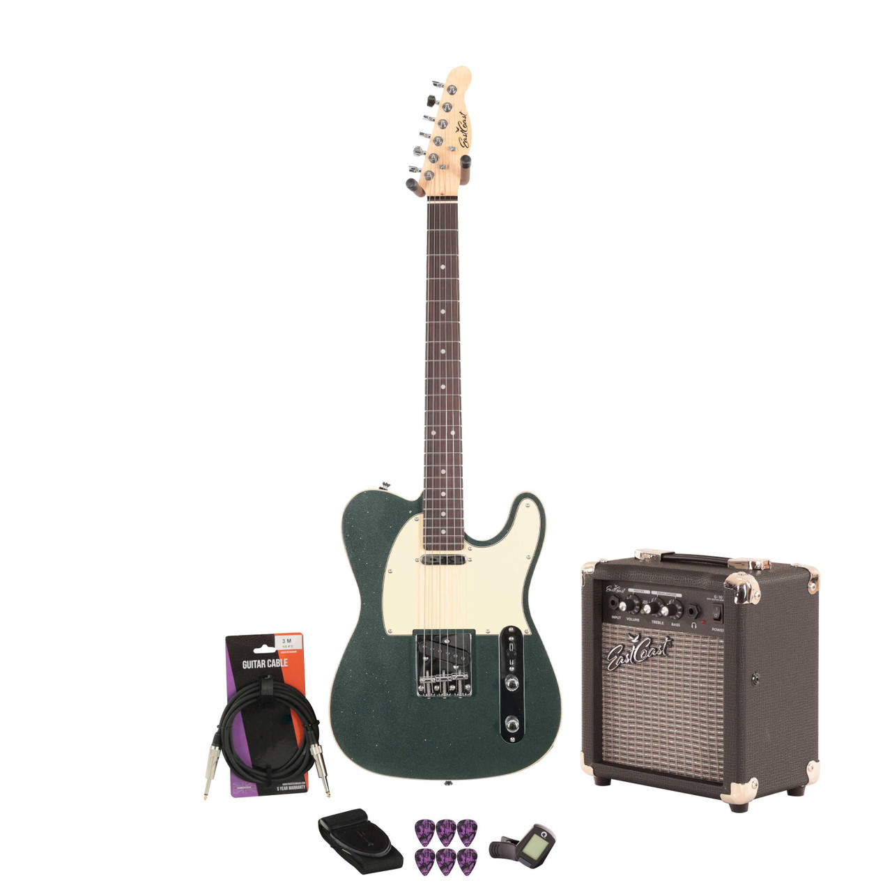 EastCoast T62 Electric Guitar Starter Pack in Starry Night Sparkle with 10W Amp & Accessories