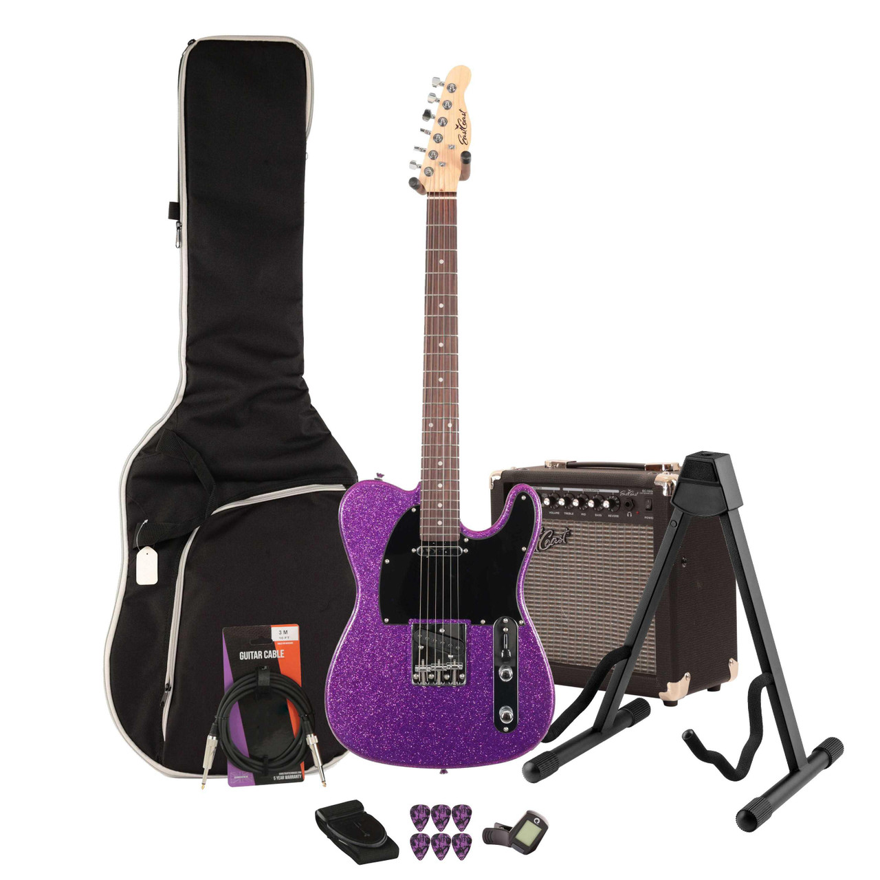 EastCoast T1 Electric Guitar Starter Pack in Orchid Sparkle with 15W Amp & Accessories