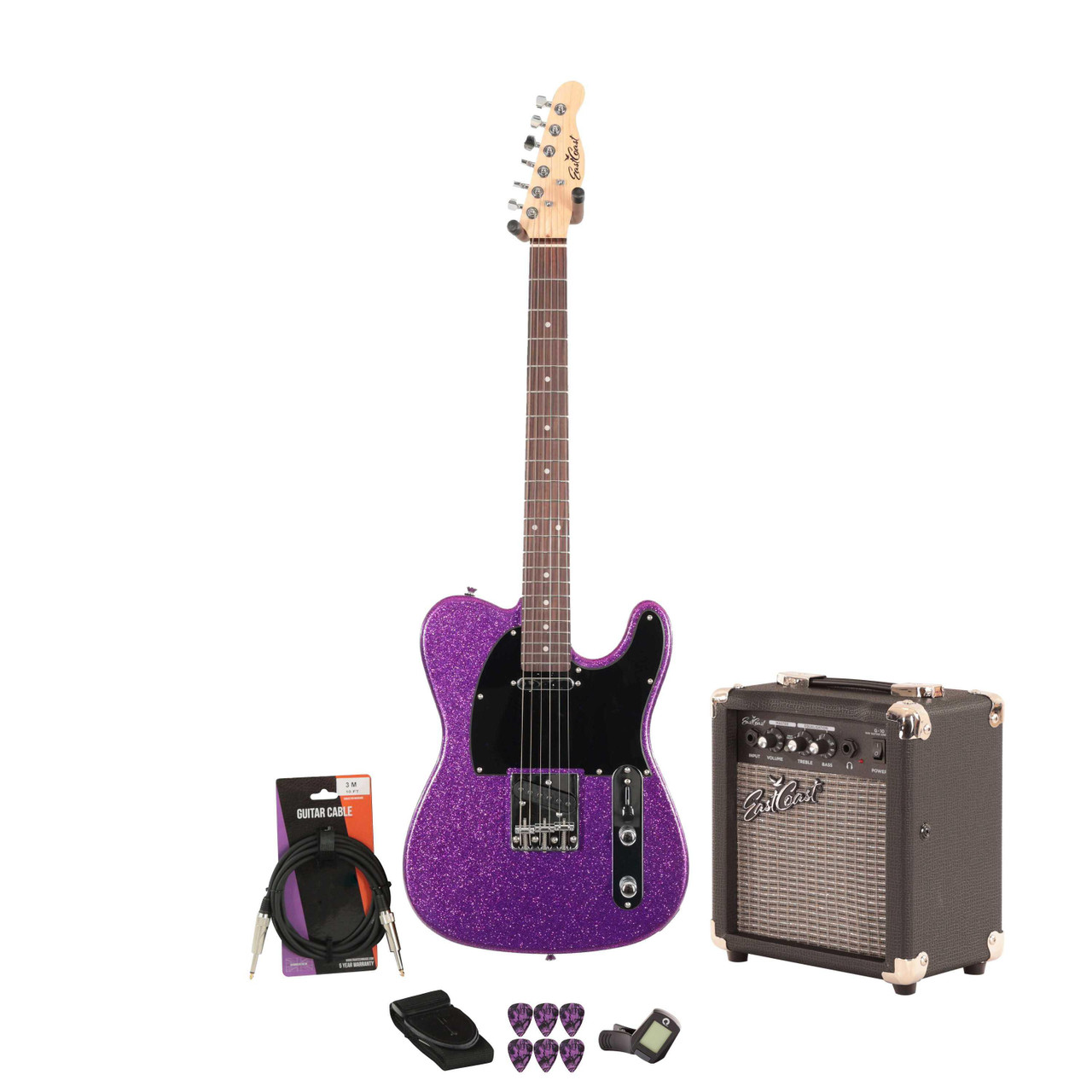 EastCoast T1 Electric Guitar Starter Pack in Orchid Sparkle with 10W Amp & Accessories