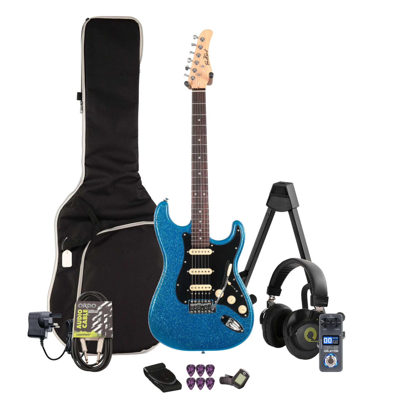 EastCoast ST2 Electric Guitar in Cerulean Sparkle Multi-FX & Modelling Bundle with Accessories