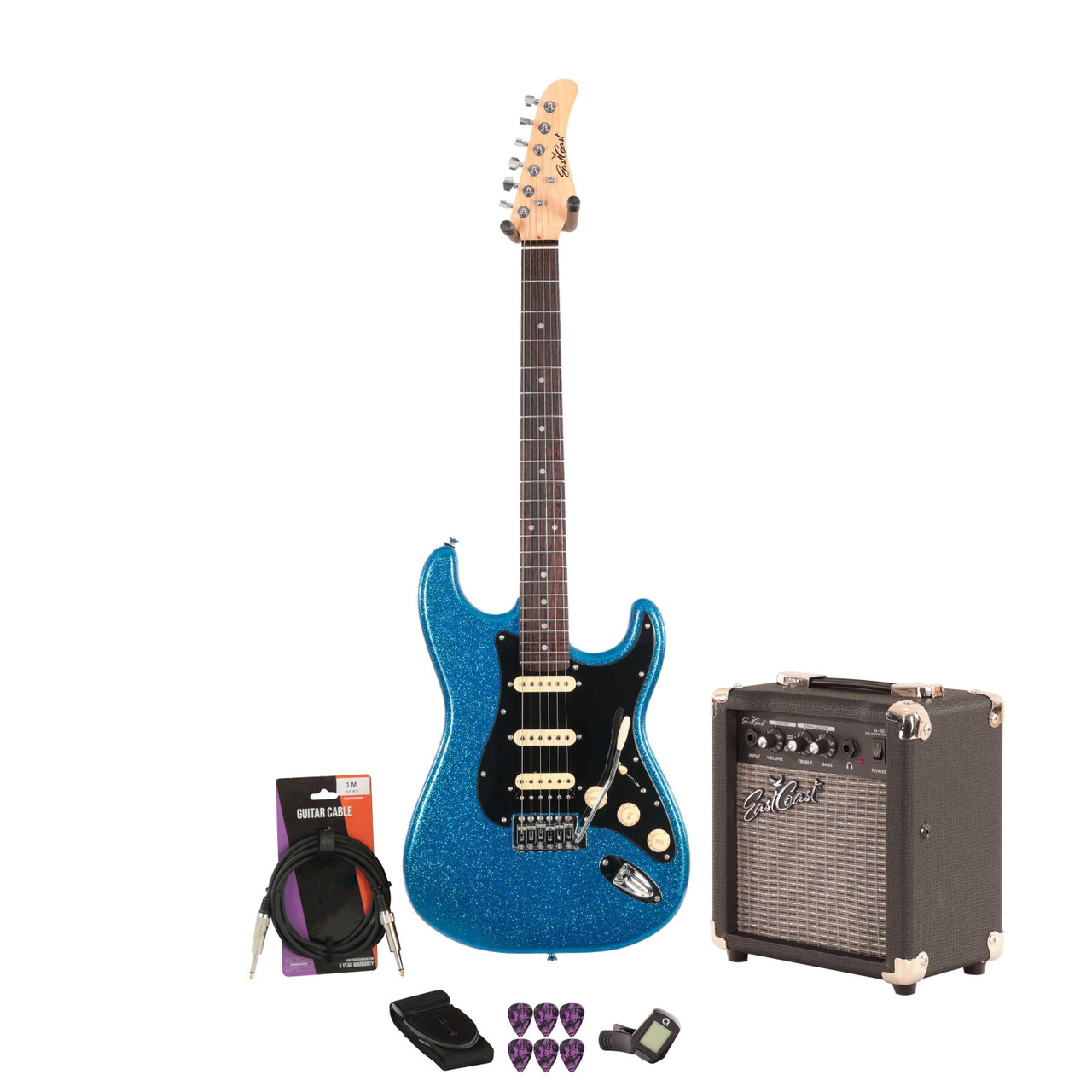 EastCoast ST2 Electric Guitar Starter Pack in Cerulean Sparkle with 10W Amp & Accessories