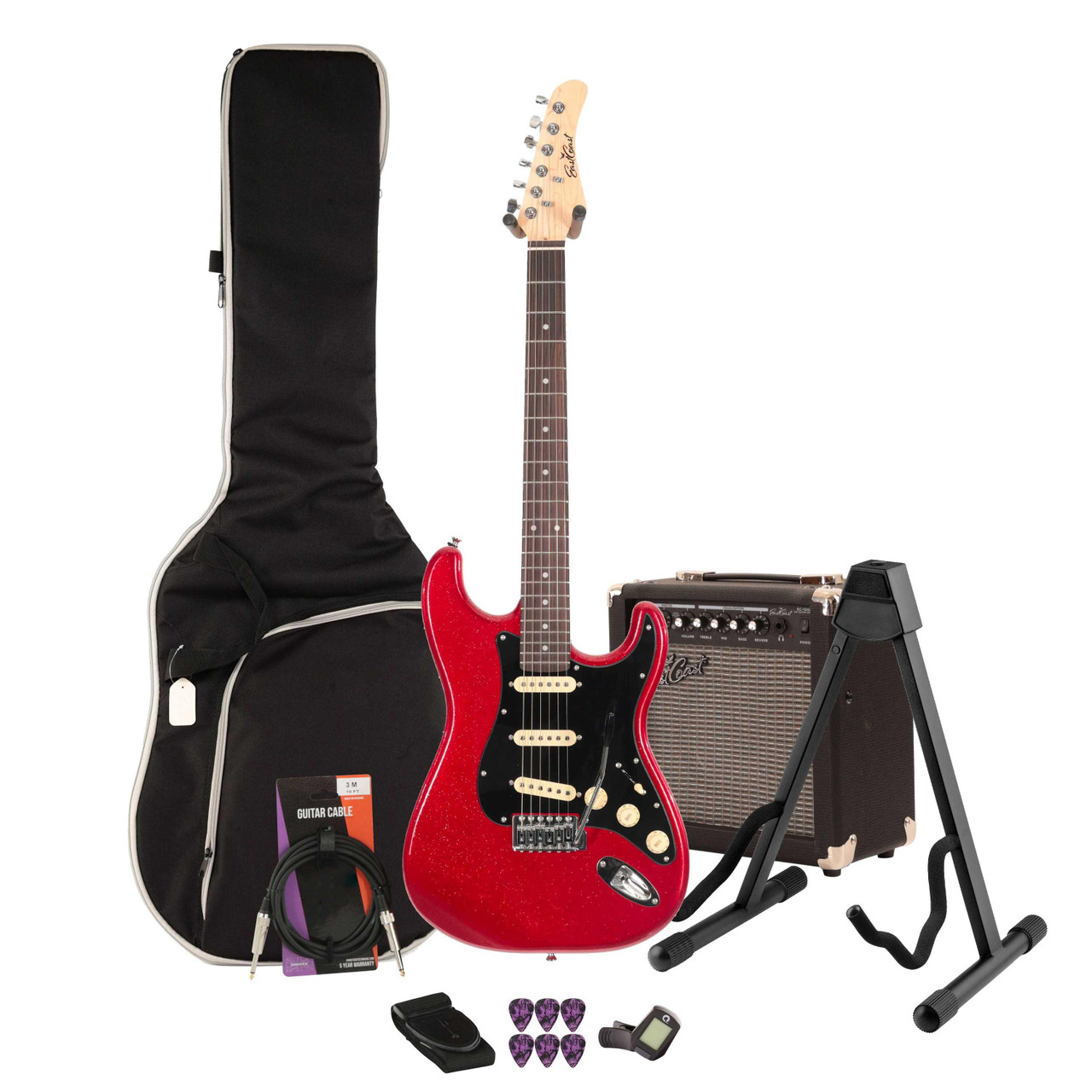 EastCoast ST1 Electric Guitar Starter Pack in Ruby Sparkle with 15W Amp & Accessories