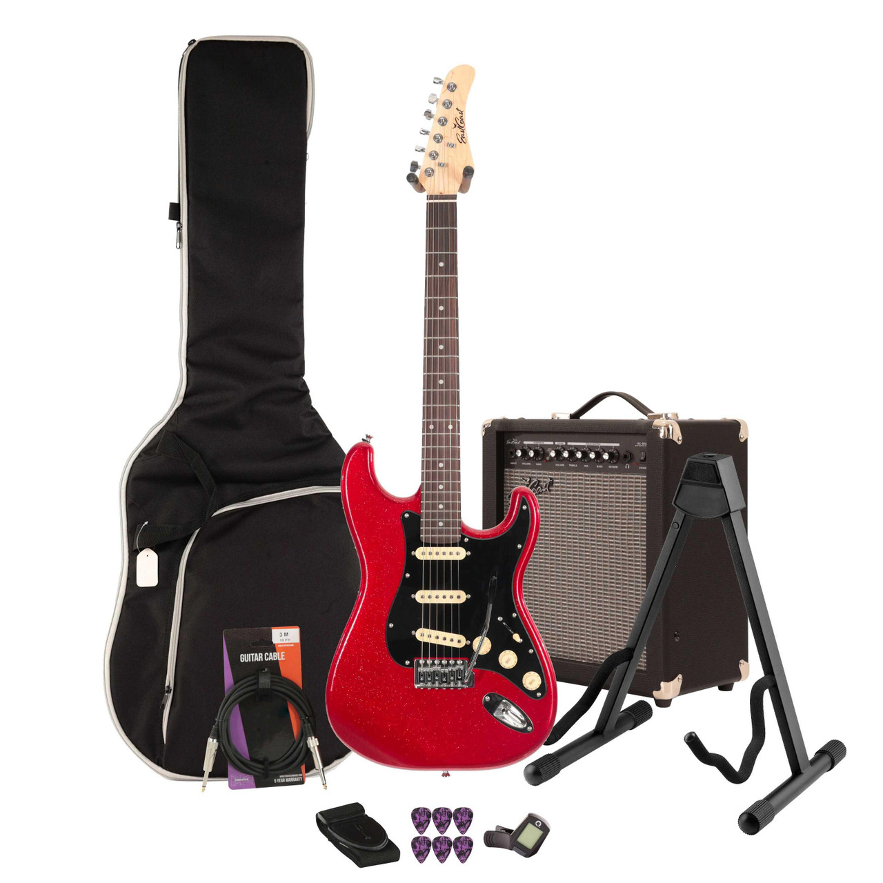 EastCoast ST1 Electric Guitar Starter Pack in Ruby Sparkle with 35W Amp & Accessories