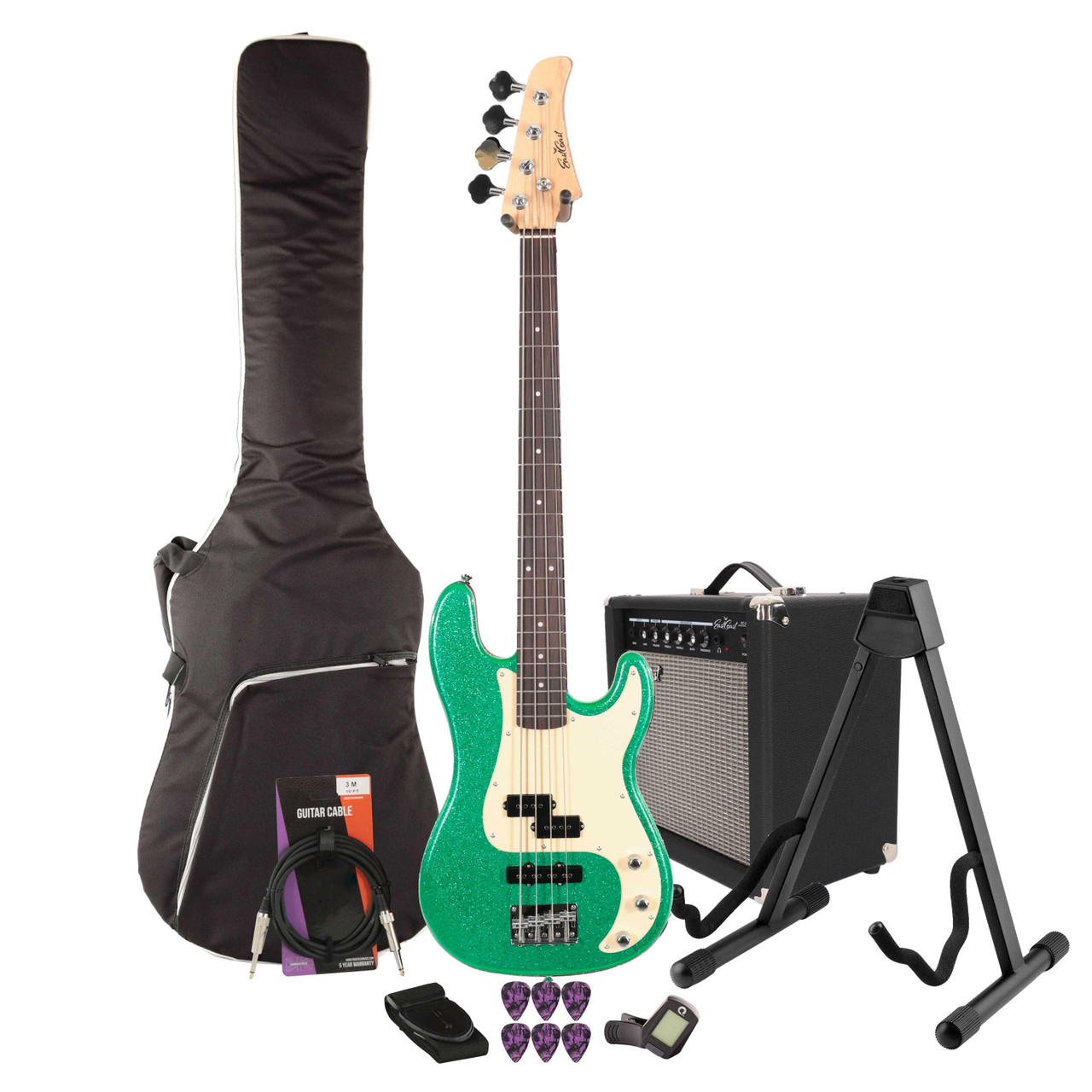 EastCoast PJ4 Bass Guitar Starter Pack in Emerald Sparkle with 25W Amp & Accessories