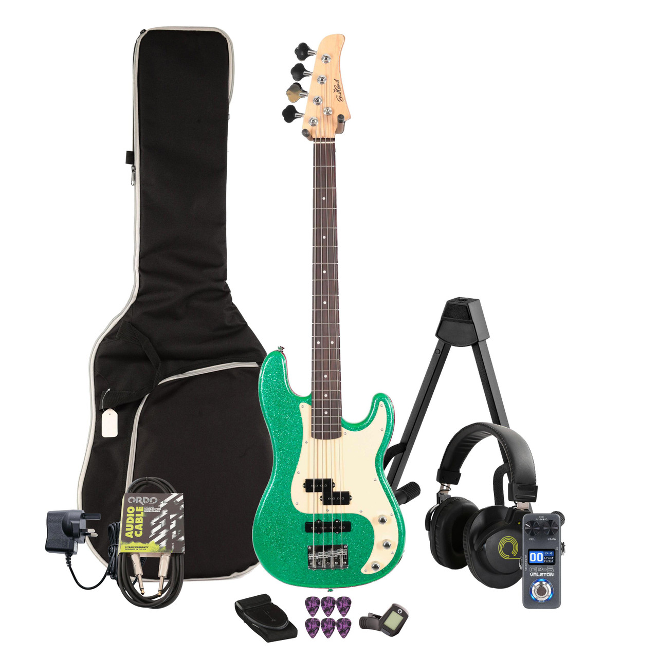 EastCoast PJ4 Bass Guitar in Emerald Sparkle Multi-FX & Modelling Bundle with Accessories