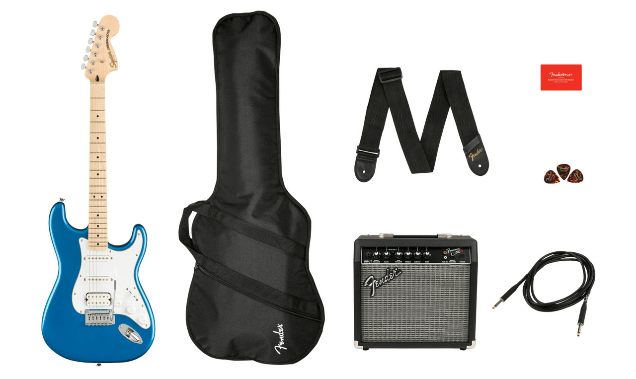 Squier Affinity Stratocaster HSS Pack in Lake Placid Blue with Frontman 15G Amp Squier Affinity Stratocaster HSS Pack in Lake Placid Blue with Frontman 15G Amp