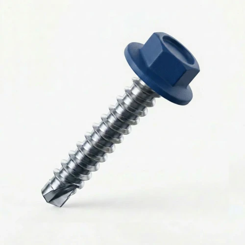 A blue hex head tek screw. RAL 5004 Black Blue - 38mm x 5.5mm Coloured Hex Head Self Drilling Tek Bolts - BZP