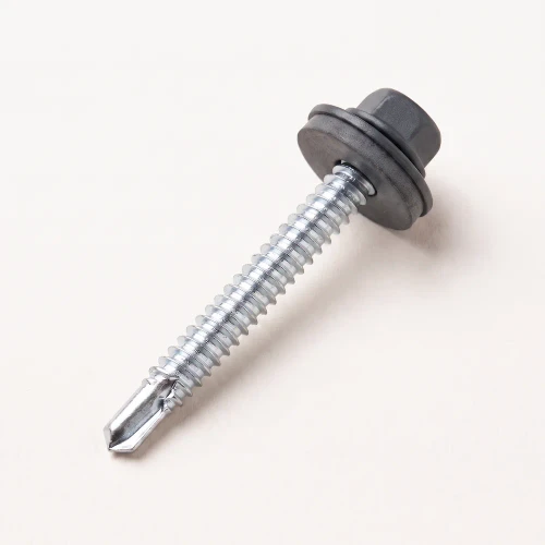 A 50mm hex self drilling tek screw with weather tight EDPM seal washer, powdercoated to RAL 7016 anthracite grey as part of the RoofingPro range.