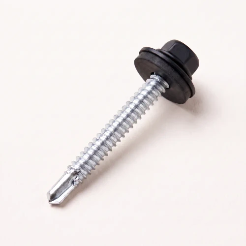 A 50mm hex self drilling tek screw with weather tight EDPM seal washer, powdercoated to RAL 9005 jet black as part of the RoofingPro range.