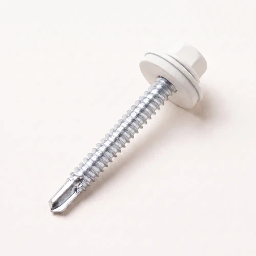 A 50mm hex self drilling tek screw with weather tight EDPM seal washer, powder coated to RAL 9010 pure white as part of the RoofingPro range.