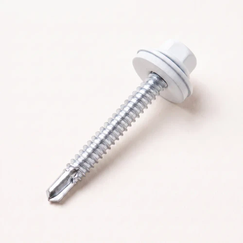 A 50mm hex self drilling tek screw with weather tight EDPM seal washer, powdercoated to RAL 9016 traffic white as part of the RoofingPro range.