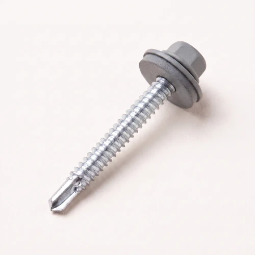 A 50mm hex self drilling tek screw with weather tight EDPM seal washer, powdercoated to RAL 7042 traffic grey as part of the RoofingPro range.