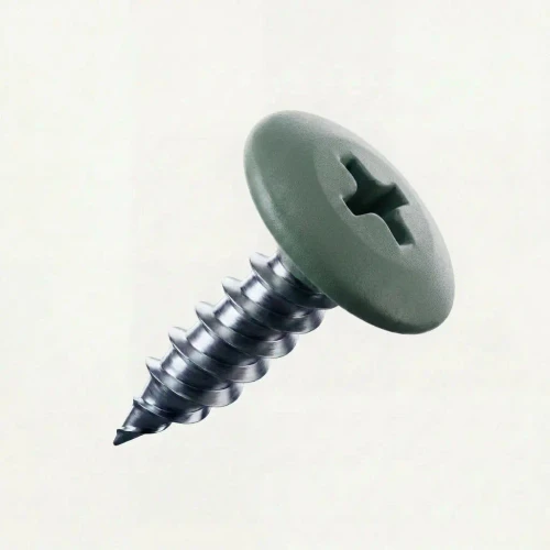 RAL 7009 Green Grey - 19mm x 4.2mm Painted Wafer Head Self Tapping Screws - BZP Steel with green grey coloured screw head.