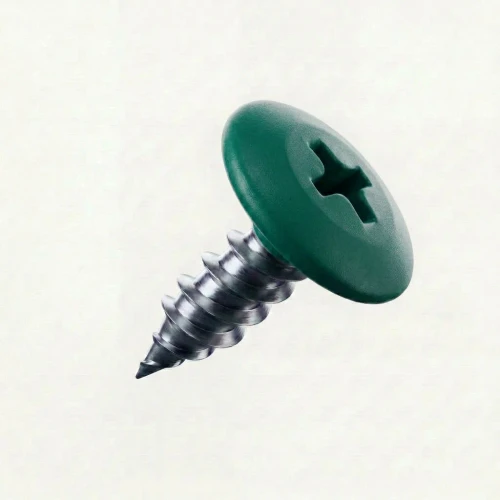 RAL 6016 Turquoise Green - 13mm x 4.2mm Painted Wafer Head Self Tapping Screws - BZP Steel powder coated screws with green coloured screw heads.