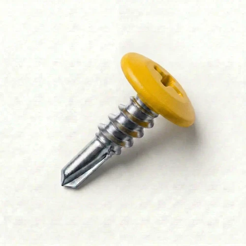 A 13mm x 4.2mm Painted Wafer Head Self Drilling Screws - BZP Steel with a RAL 1023 Traffic Yellow powder coated coloured screw head.