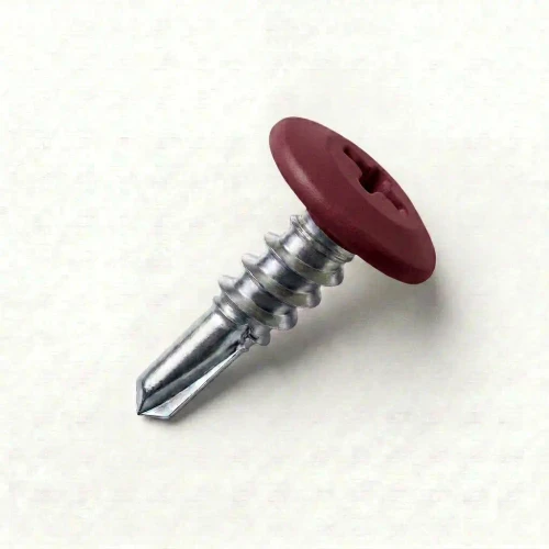 A 13mm x 4.2mm Painted Wafer Head Self Drilling Screws - BZP Steel with a RAL 3004 Purple Red powder coated coloured screw head.