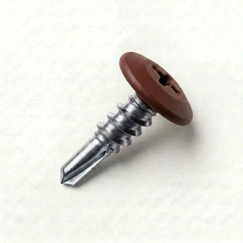 A 13mm x 4.2mm Painted Wafer Head Self Drilling Screws - BZP Steel with a RAL 3009 Oxide Red powder coated coloured screw head.