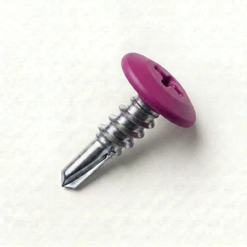 A 13mm x 4.2mm Painted Wafer Head Self Drilling Screws - BZP Steel with a RAL 4006 Traffic Purple powder coated coloured screw head.