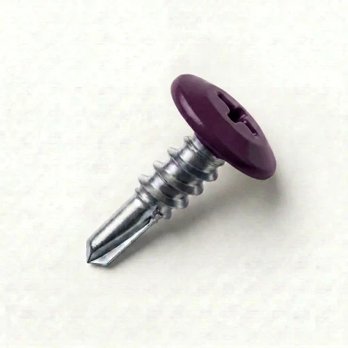 A 13mm x 4.2mm Painted Wafer Head Self Drilling Screws - BZP Steel with a RAL 4007 Violet Purple powder coated coloured screw head.