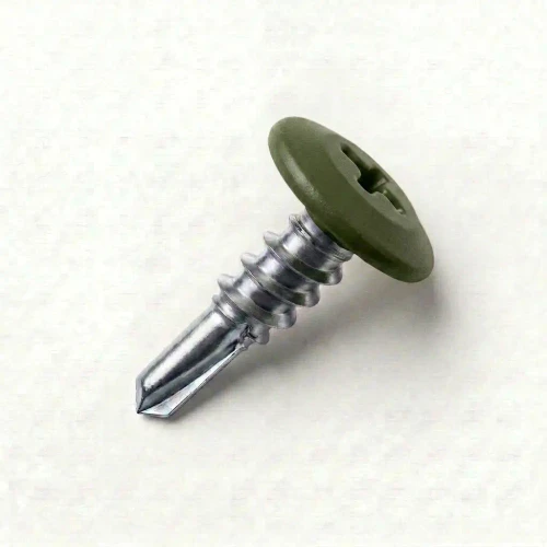 A 13mm x 4.2mm Painted Wafer Head Self Drilling Screws - BZP Steel with a RAL 6003 Olive Green powder coated coloured screw head.