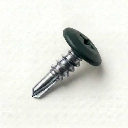 A 13mm x 4.2mm Painted Wafer Head Self Drilling Screws - BZP Steel with a RAL 6012 Black Green powder coated coloured screw head.