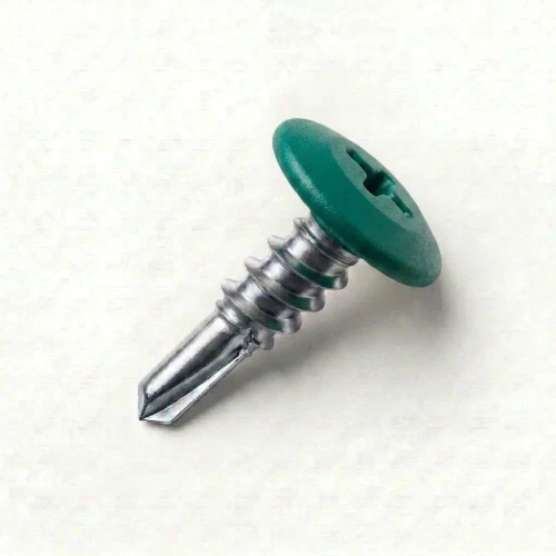 A 13mm x 4.2mm Painted Wafer Head Self Drilling Screws - BZP Steel with a RAL 6016 Turquoise Green powder coated coloured screw head.