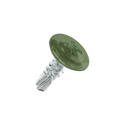 A 13mm x 4.2mm Painted Wafer Head Self Drilling Screws - BZP Steel with a RAL 6025 Fern Green powder coated coloured screw head.