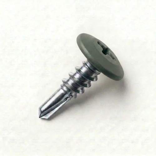 A 13mm x 4.2mm Painted Wafer Head Self Drilling Screws - BZP Steel with a RAL 7009 Green Grey powder coated coloured screw head.