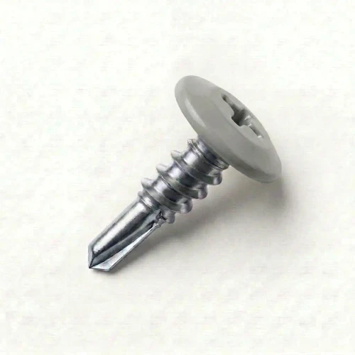 A 13mm x 4.2mm Painted Wafer Head Self Drilling Screws - BZP Steel with a RAL 7038 Agate Grey powder coated coloured screw head.
