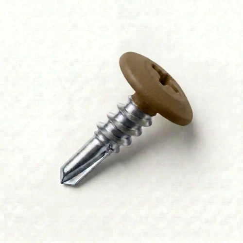 A 13mm x 4.2mm Painted Wafer Head Self Drilling Screws - BZP Steel with a RAL 8008 Olive Brown powder coated coloured screw head.