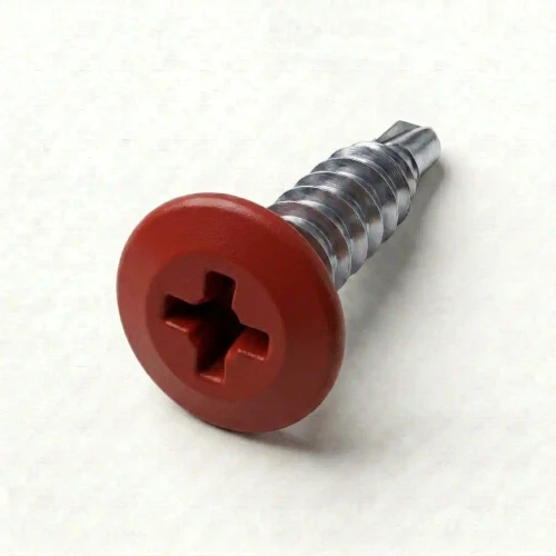A 16mm x 4.2mm Painted Wafer Head Self Drilling Screws - BZP Steel with a RAL 3002 Carmine Red powder coated coloured screw head.