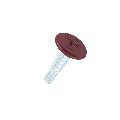 A 16mm x 4.2mm Painted Wafer Head Self Drilling Screws - BZP Steel with a RAL 3004 Purple Red powder coated coloured screw head.