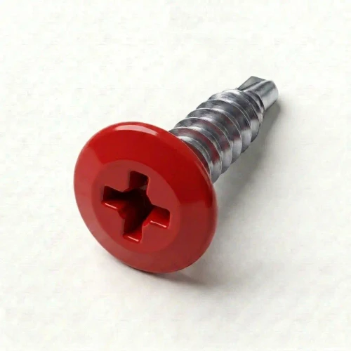 A 16mm x 4.2mm Painted Wafer Head Self Drilling Screws - BZP Steel with a RAL 3020 Traffic Red powder coated coloured screw head.