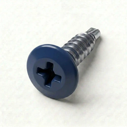 A 16mm x 4.2mm Painted Wafer Head Self Drilling Screws - BZP Steel with a RAL 5003 Sapphire Blue powder coated coloured screw head.
