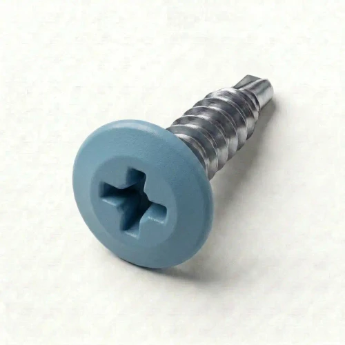 A 16mm x 4.2mm Painted Wafer Head Self Drilling Screws - BZP Steel with a RAL 5024 Pastel Blue powder coated coloured screw head.