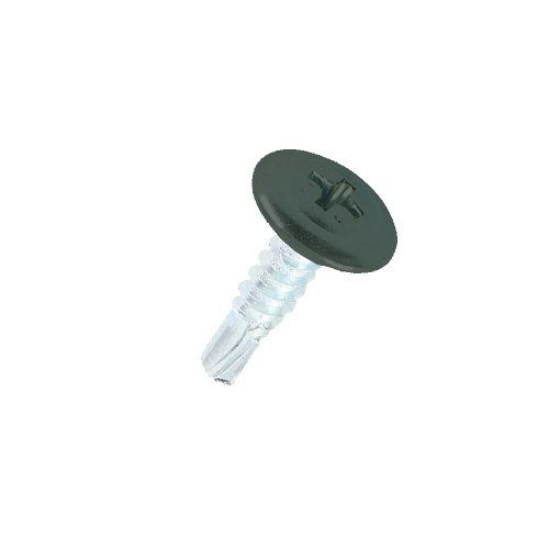 A 16mm x 4.2mm Painted Wafer Head Self Drilling Screws - BZP Steel with a RAL 6005 Moss Green powder coated coloured screw head.