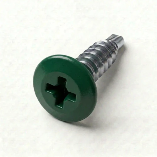 A 16mm x 4.2mm Painted Wafer Head Self Drilling Screws - BZP Steel with a RAL 6005 Moss Green powder coated coloured screw head.
