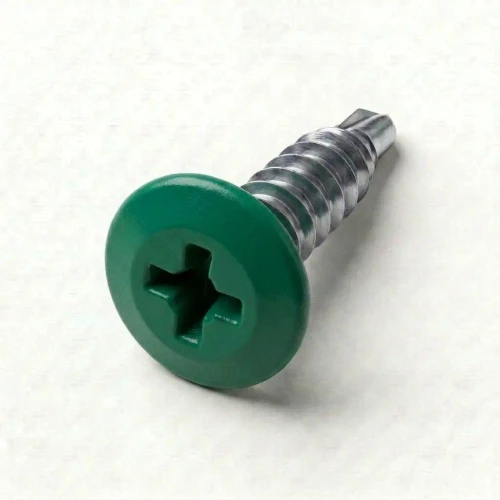 A 16mm x 4.2mm Painted Wafer Head Self Drilling Screws - BZP Steel with a RAL 6016 Turquoise Green powder coated coloured screw head.