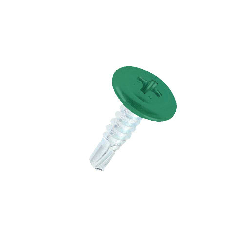 A 16mm x 4.2mm Painted Wafer Head Self Drilling Screws - BZP Steel with a RAL 6024 Traffic Green powder coated coloured screw head.