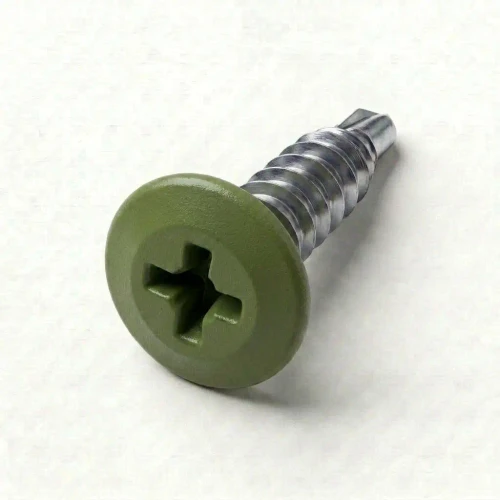A 16mm x 4.2mm Painted Wafer Head Self Drilling Screws - BZP Steel with a RAL 6025 Fern Green powder coated coloured screw head.