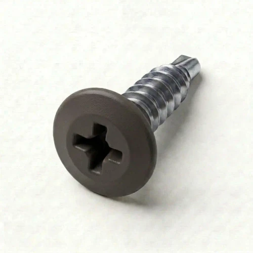 A 16mm x 4.2mm Painted Wafer Head Self Drilling Screws - BZP Steel with a RAL 8019 Grey Brown powder coated coloured screw head.