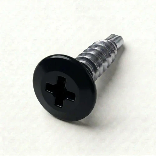 A 16mm x 4.2mm Painted Wafer Head Self Drilling Screws - BZP Steel with a RAL 9005 Jet Black powder coated coloured screw head.