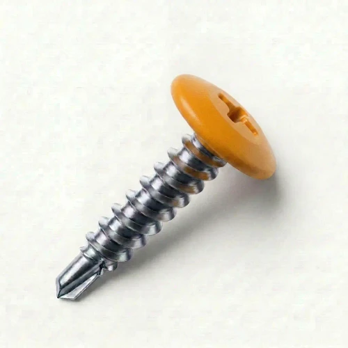 A 19mm x 4.2mm Painted Wafer Head Self drilling Screws - BZP Steel with a RAL 1033 Dahlia Yellow powder coated coloured screw head.